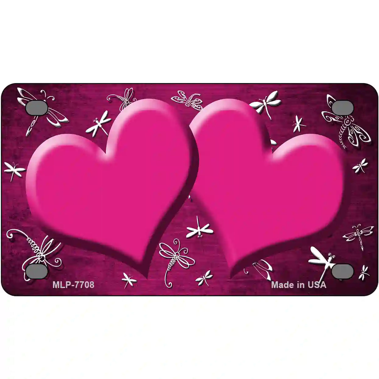 Pink White Dragonfly Hearts Oil Rubbed Metal Novelty License Plate 4" x 2.2" (MLP)