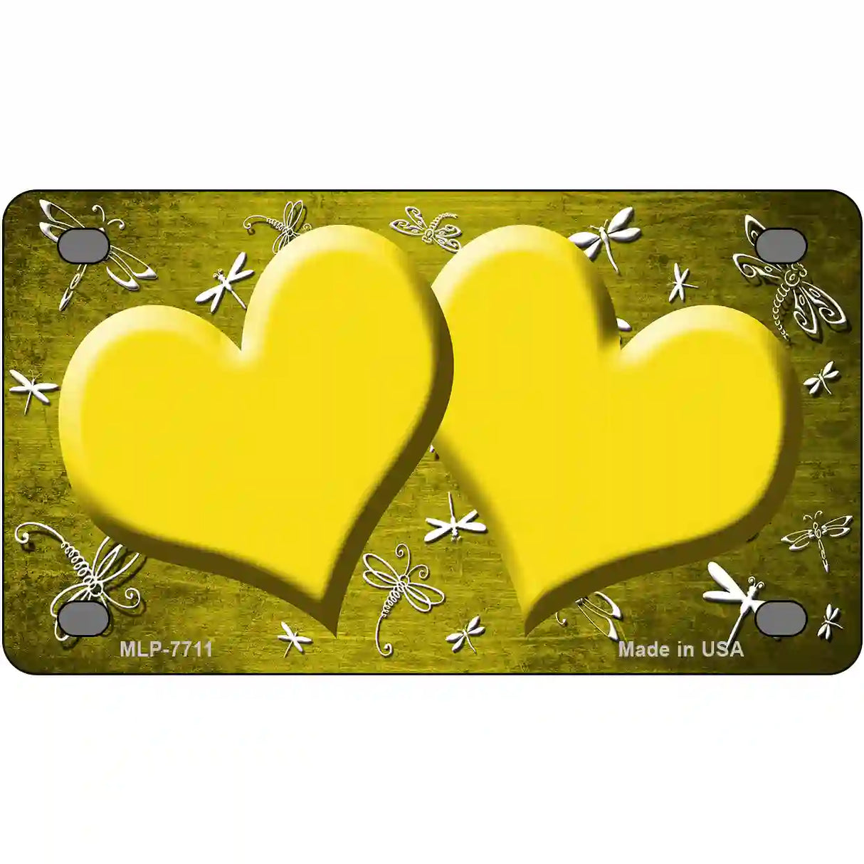 Yellow White Dragonfly Hearts Oil Rubbed Metal Novelty License Plate 4" x 2.2" (MLP)