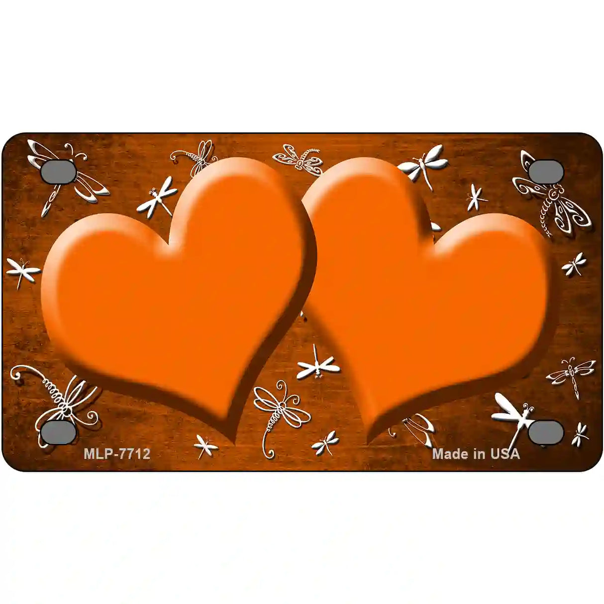 Orange White Dragonfly Hearts Oil Rubbed Metal Novelty License Plate 4" x 2.2" (MLP)