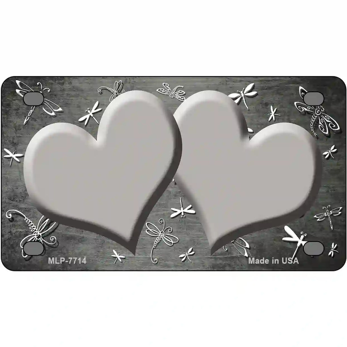 Gray White Dragonfly Hearts Oil Rubbed Metal Novelty License Plate 4" x 2.2" (MLP)