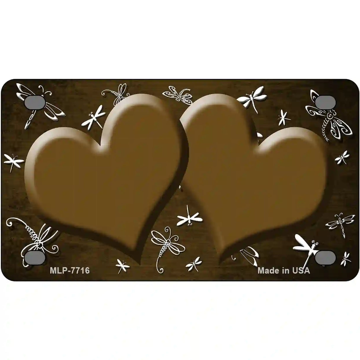 Brown White Dragonfly Hearts Oil Rubbed Metal Novelty License Plate 4" x 2.2" (MLP)