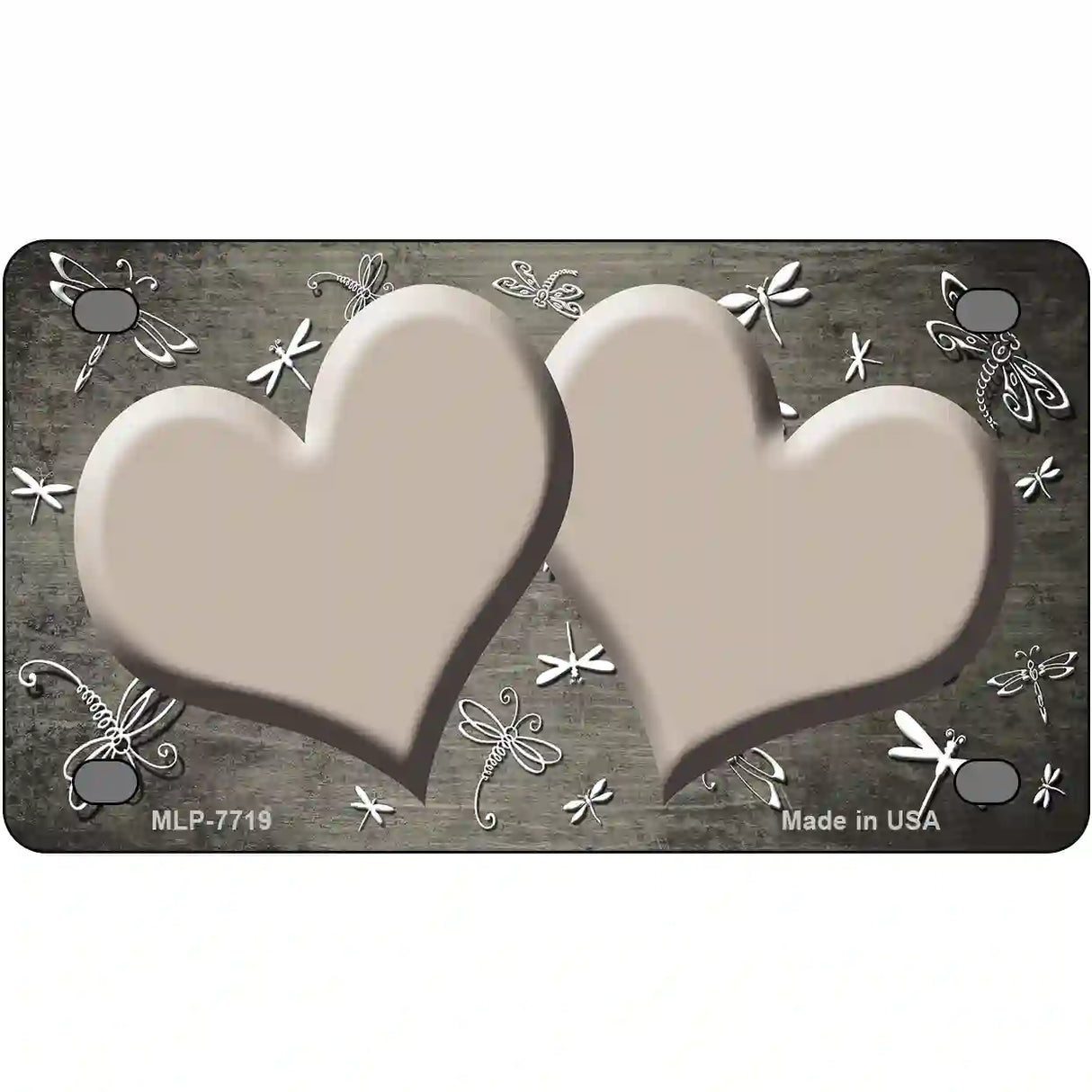 Tan White Dragonfly Hearts Oil Rubbed Metal Novelty License Plate 4" x 2.2" (MLP)