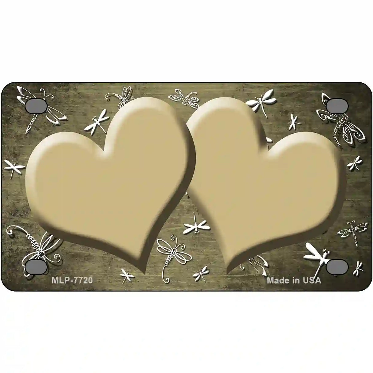 Gold White Dragonfly Hearts Oil Rubbed Metal Novelty License Plate 4" x 2.2" (MLP)