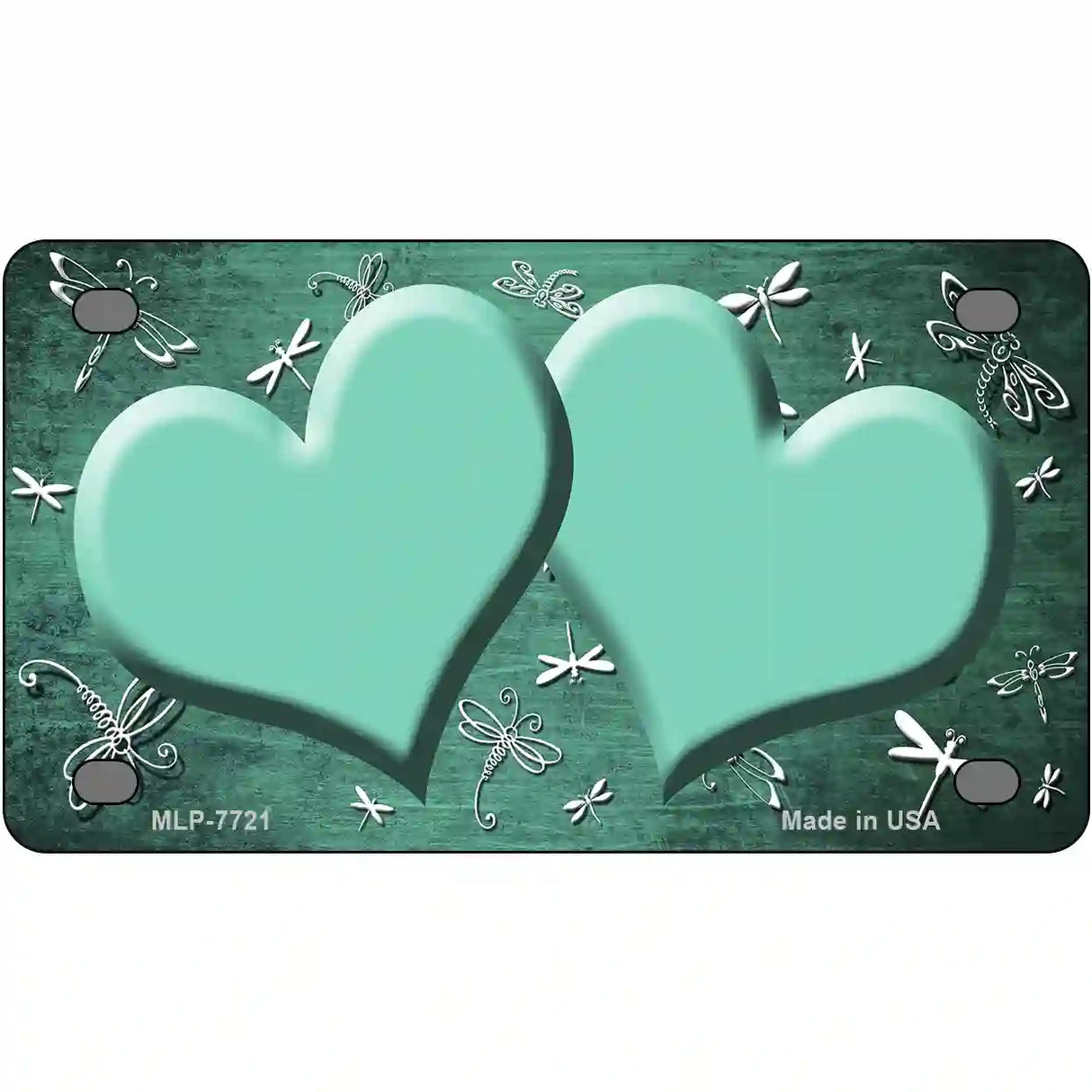 Mint White Dragonfly Hearts Oil Rubbed Metal Novelty License Plate 4" x 2.2" (MLP)