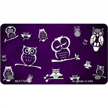 Purple White Owl Oil Rubbed Metal Novelty License Plate 4" x 2.2" (MLP)