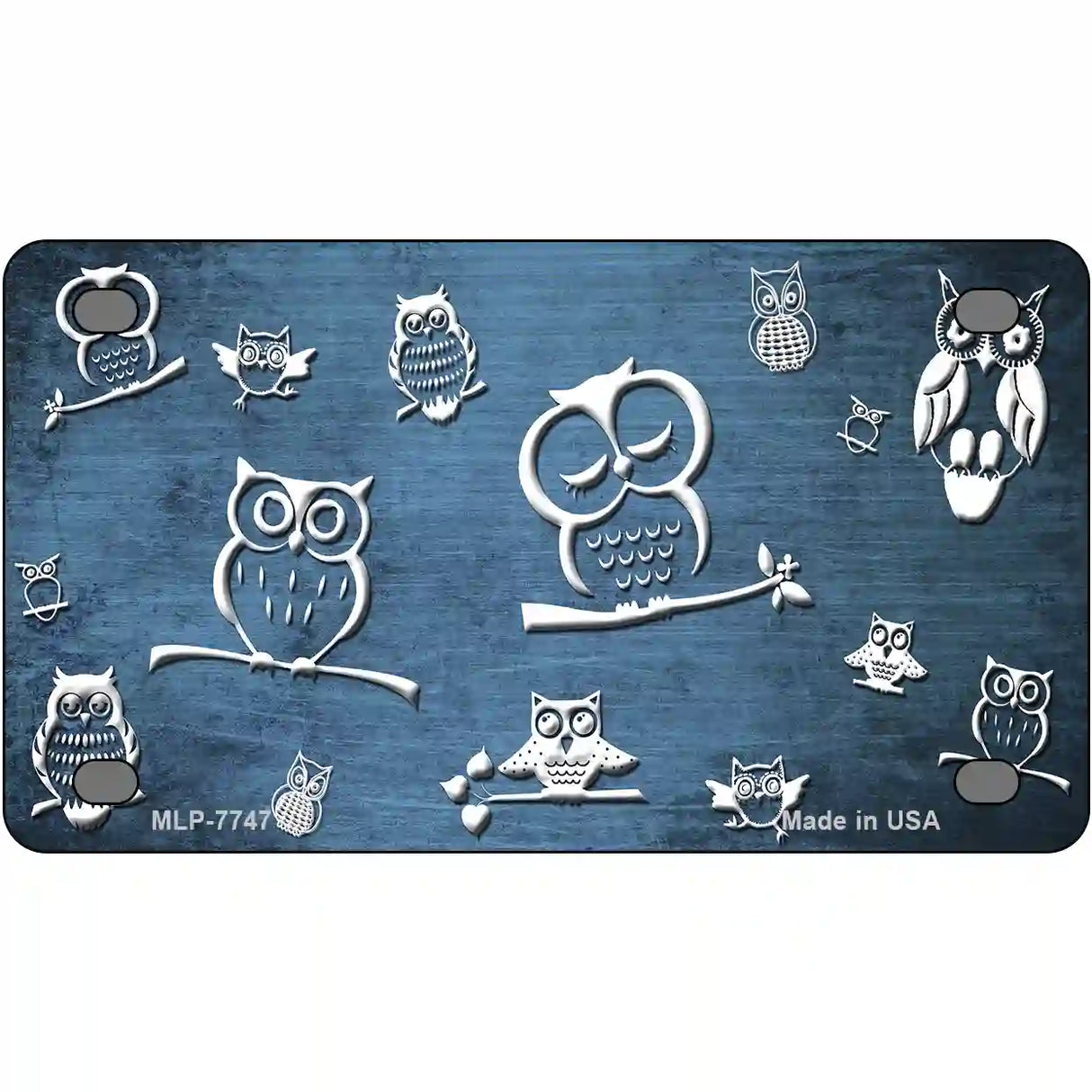 Light Blue White Owl Oil Rubbed Metal Novelty License Plate 4" x 2.2" (MLP)