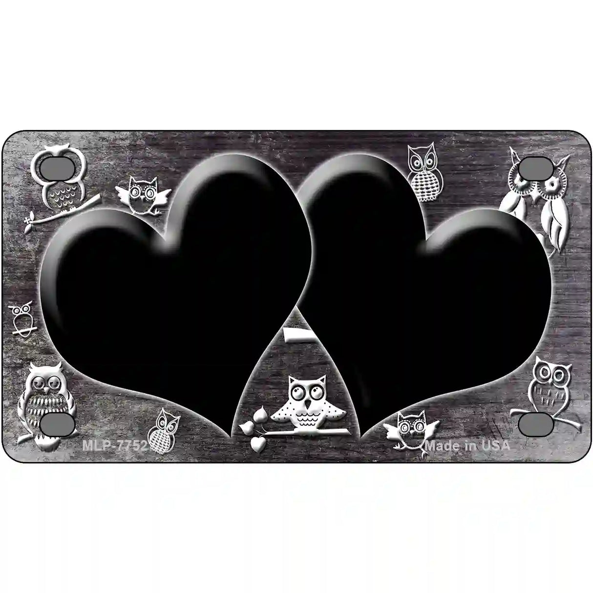 Black White Owl Hearts Oil Rubbed Metal Novelty License Plate 4" x 2.2" (MLP)