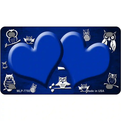 Blue White Owl Hearts Oil Rubbed Metal Novelty License Plate 4" x 2.2" (MLP)