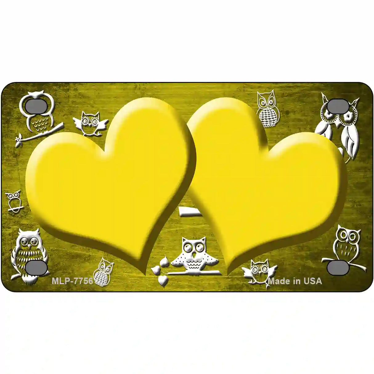 Yellow White Owl Hearts Oil Rubbed Metal Novelty License Plate 4" x 2.2" (MLP)