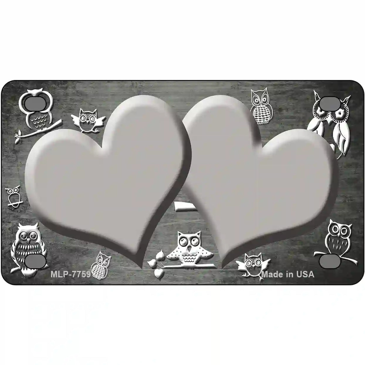 Gray White Owl Hearts Oil Rubbed Metal Novelty License Plate 4" x 2.2" (MLP)