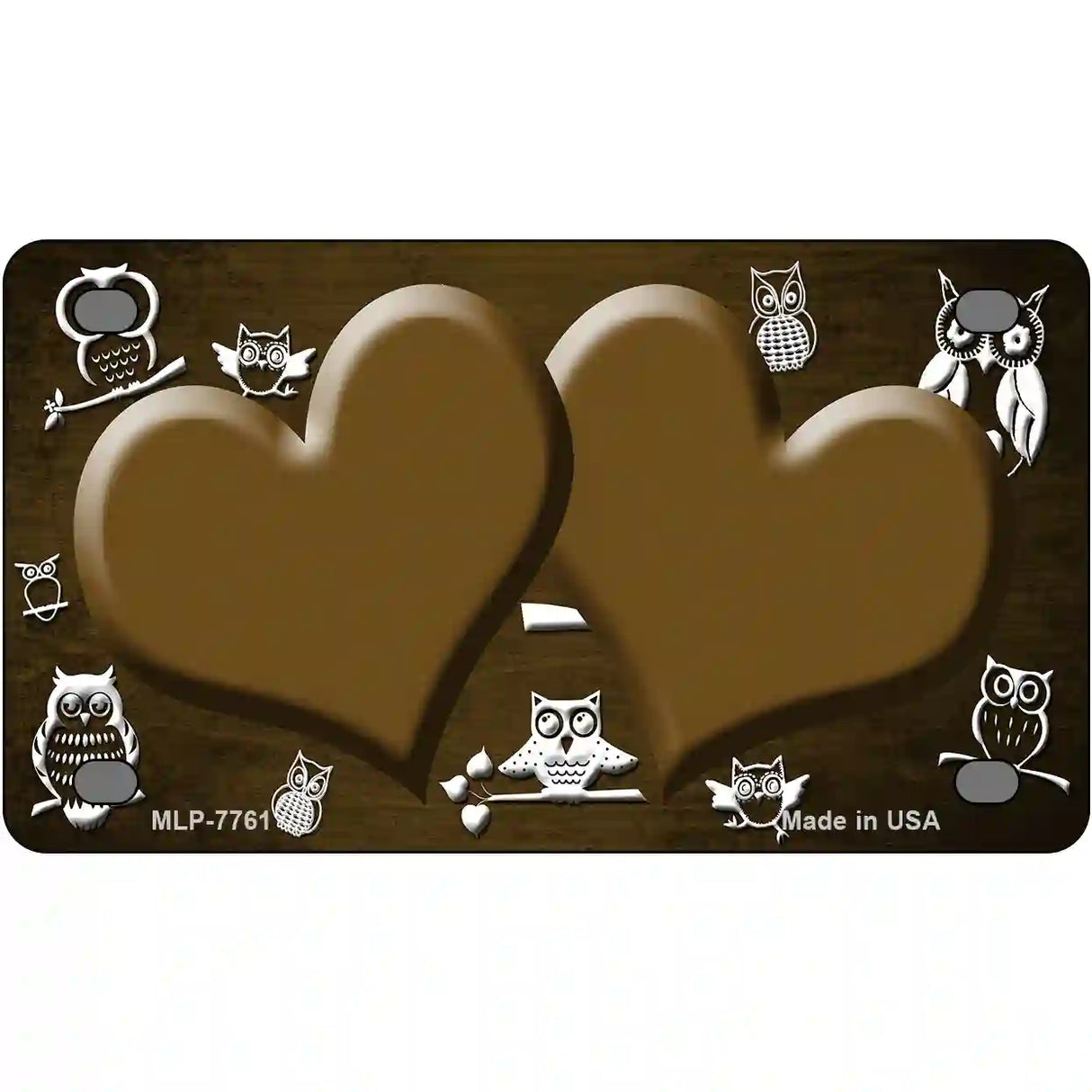 Brown White Owl Hearts Oil Rubbed Metal Novelty License Plate 4" x 2.2" (MLP)