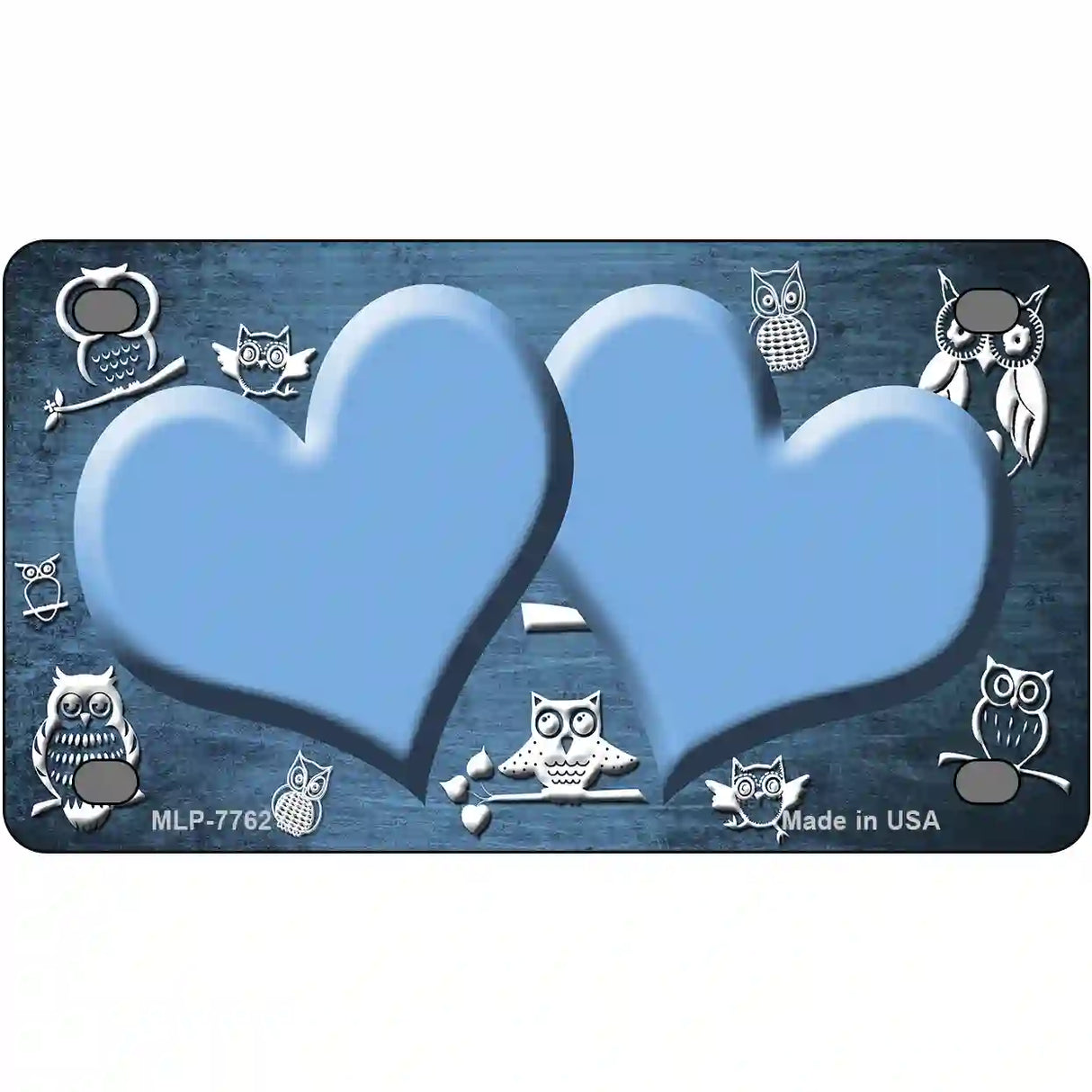 Light Blue White Owl Hearts Oil Rubbed Metal Novelty License Plate 4" x 2.2" (MLP)