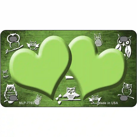 Lime Green White Owl Hearts Oil Rubbed Metal Novelty License Plate 4" x 2.2" (MLP)