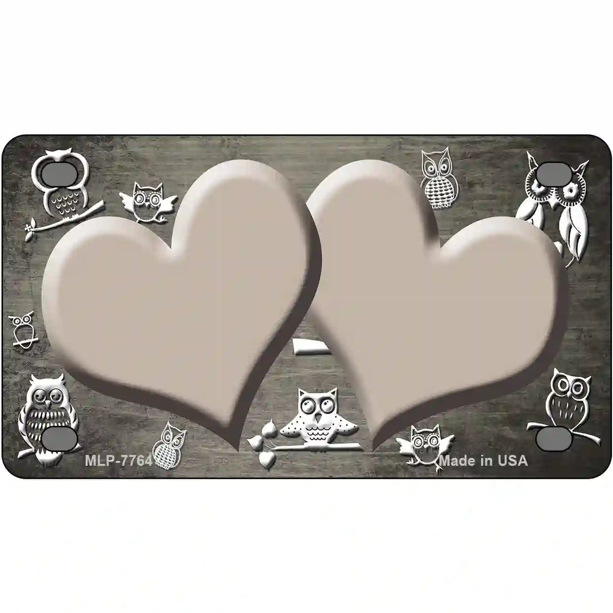 Tan White Owl Hearts Oil Rubbed Metal Novelty License Plate 4" x 2.2" (MLP)