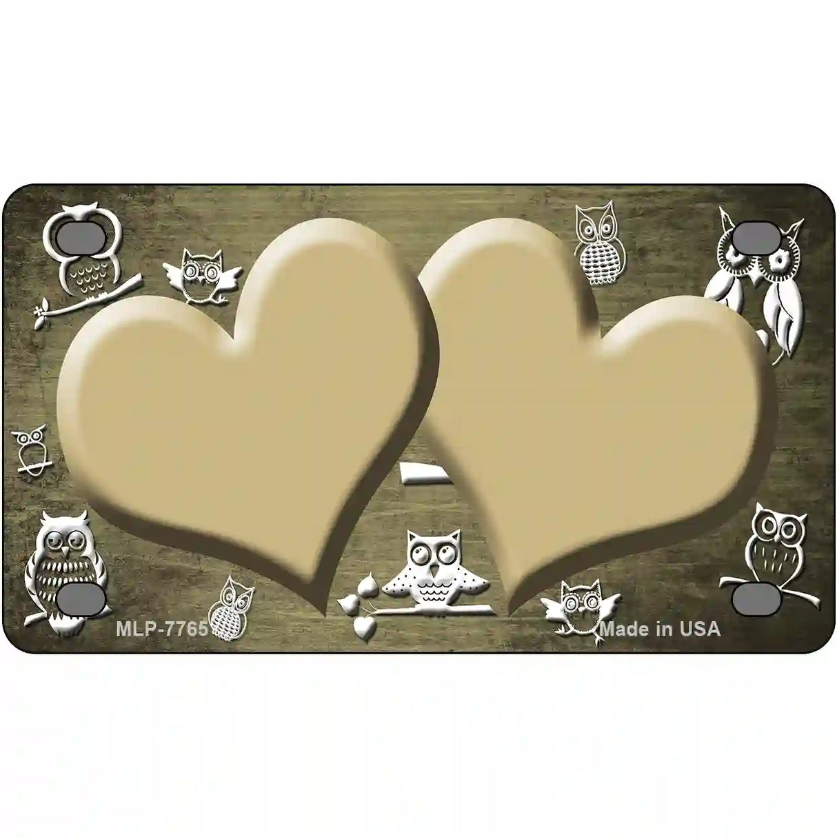 Gold White Owl Hearts Oil Rubbed Metal Novelty License Plate 4" x 2.2" (MLP)