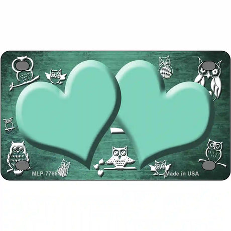 Mint White Owl Hearts Oil Rubbed Metal Novelty License Plate 4" x 2.2" (MLP)