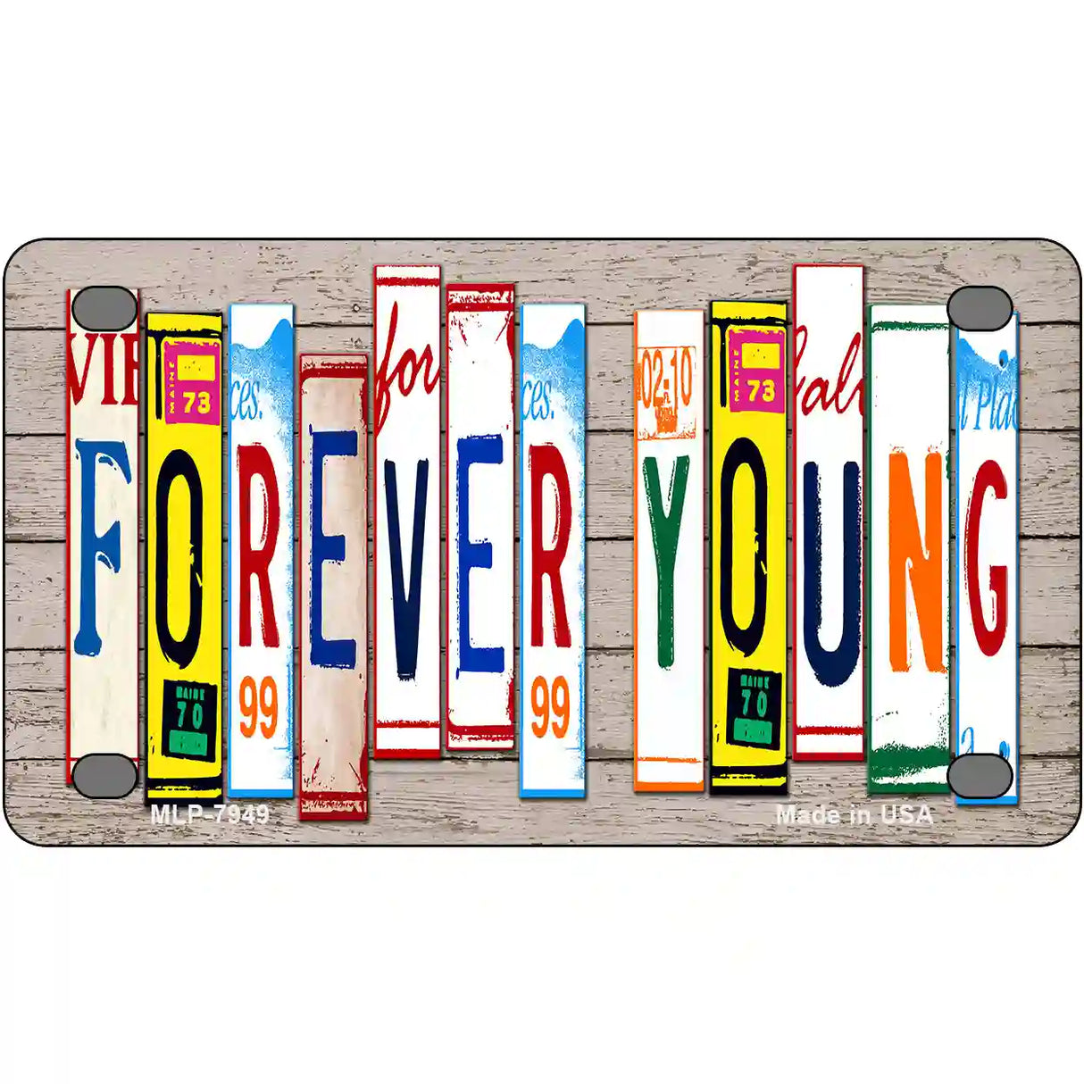 Forever Young Wood License Plate Art Novelty Metal License Plate 4" x 2.2" (MLP)