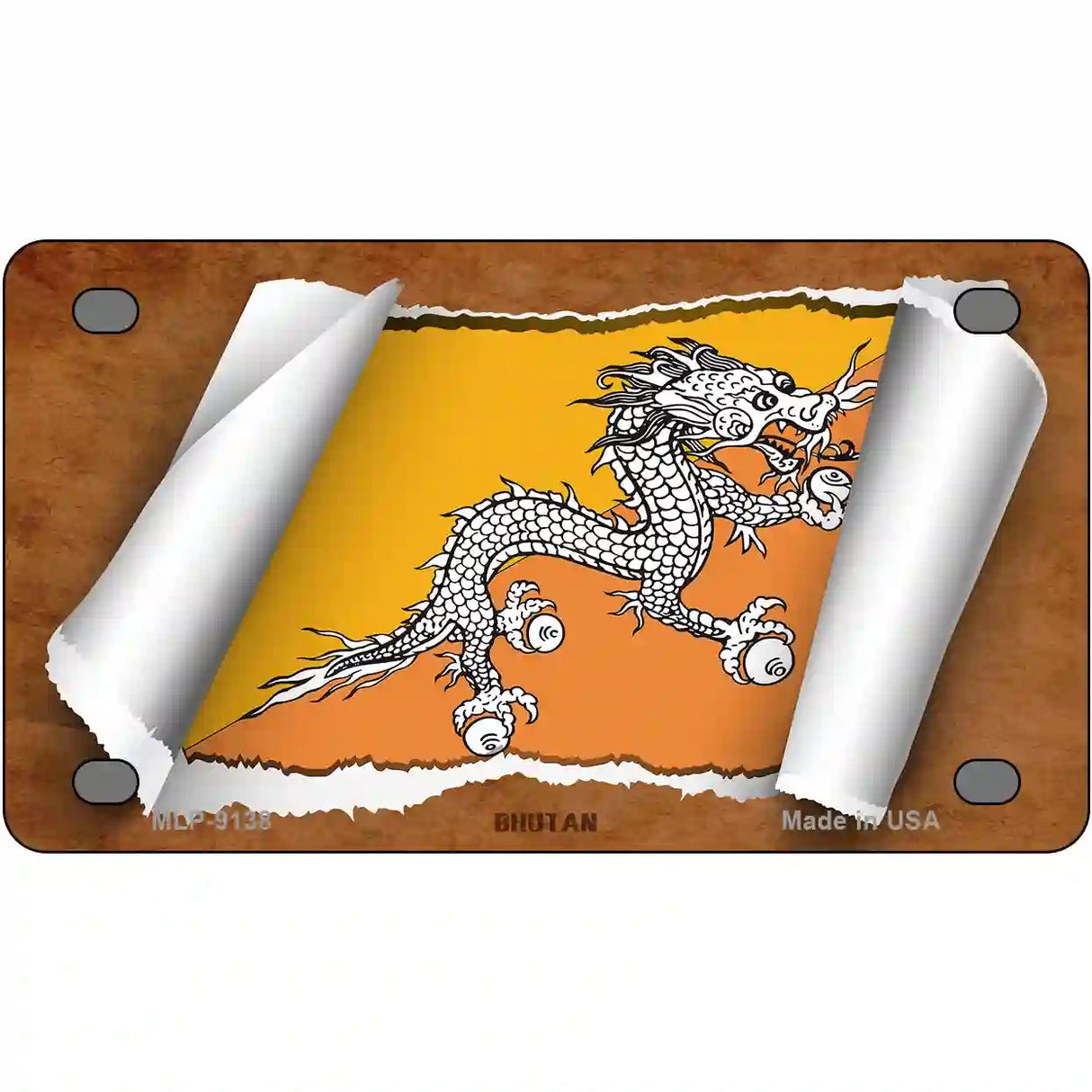 Bhutan Flag Scroll Metal Novelty License Plate 4" x 2.2" (MLP)