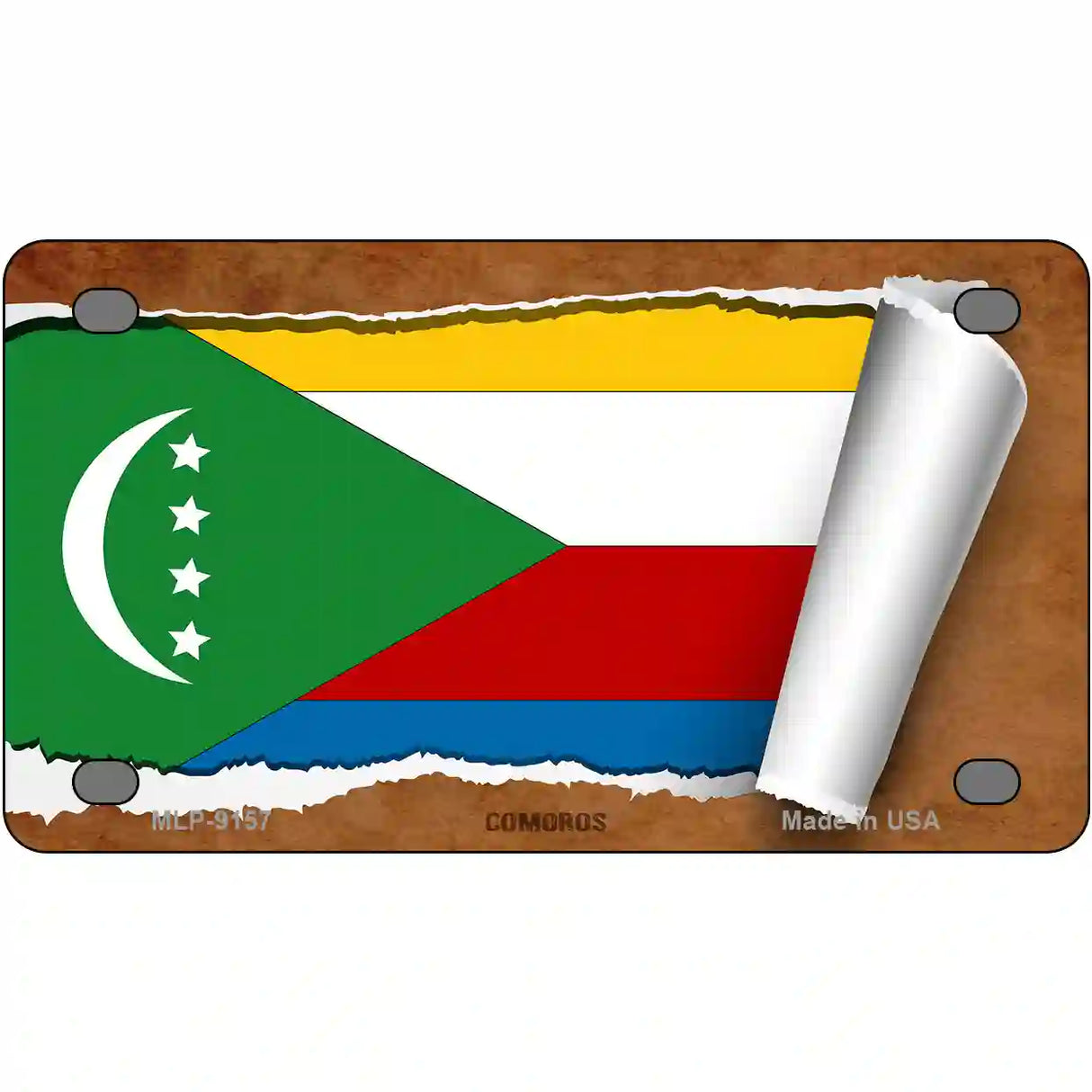 Comoros Flag Scroll Metal Novelty License Plate 4" x 2.2" (MLP)