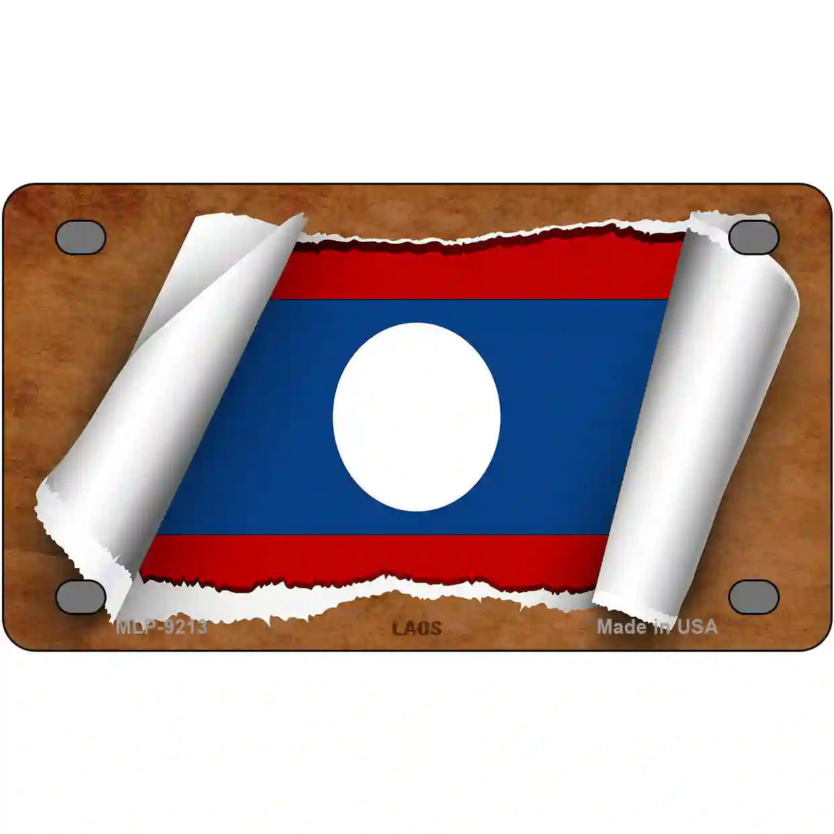 Laos Flag Scroll Metal Novelty License Plate 4" x 2.2" (MLP)