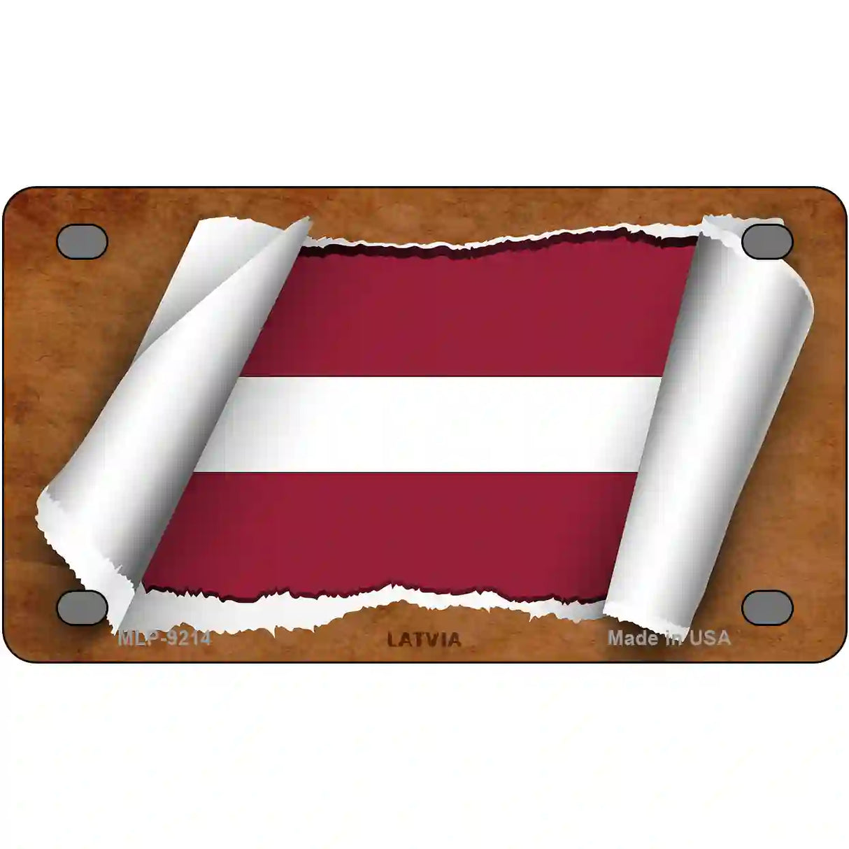 Latvia Flag Scroll Metal Novelty License Plate 4" x 2.2" (MLP)