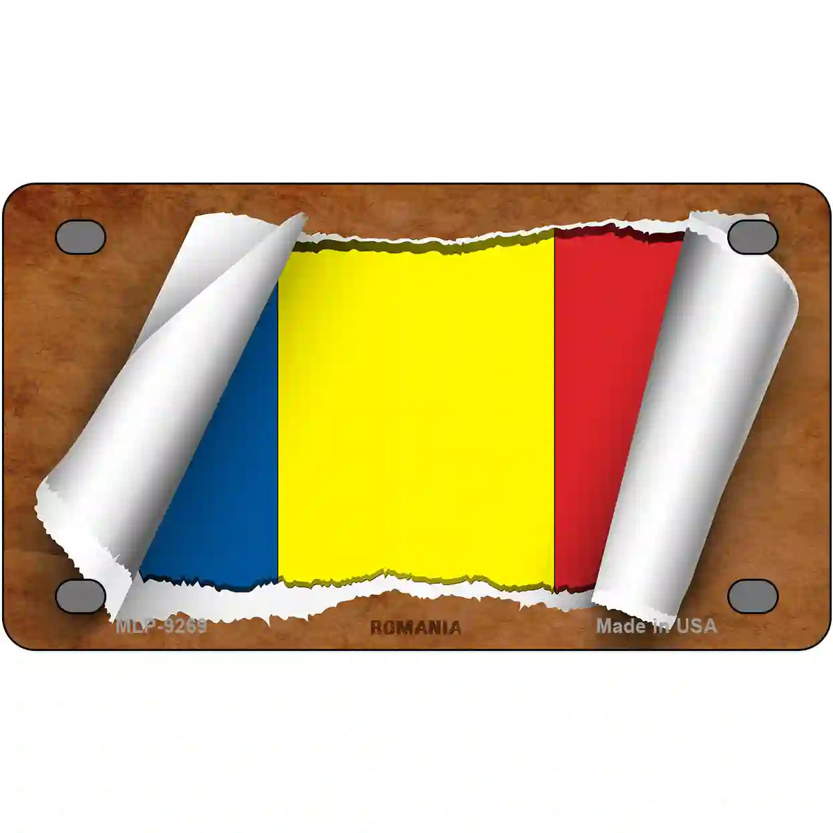 Romania Flag Scroll Metal Novelty License Plate 4" x 2.2" (MLP)