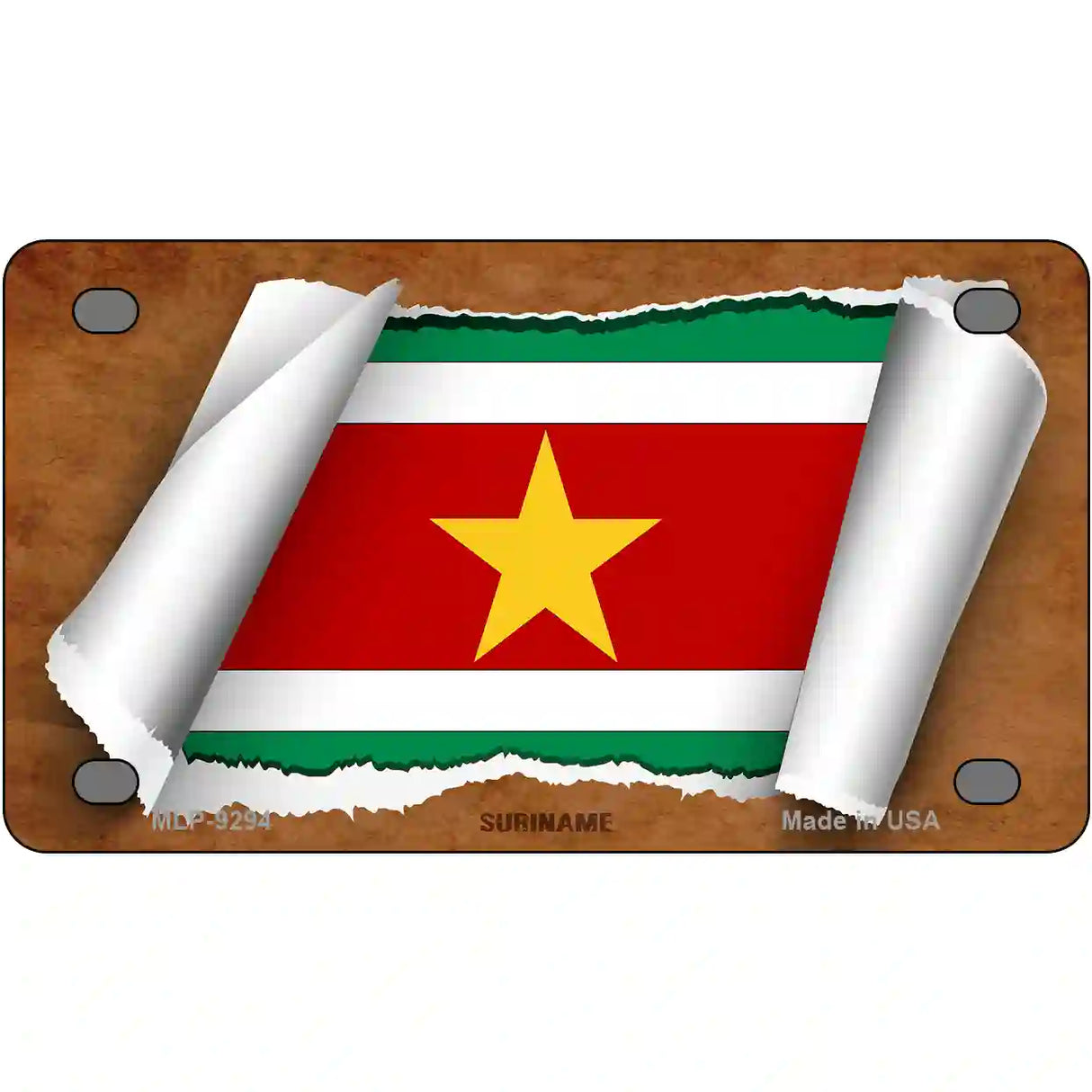 Suriname Flag Scroll Metal Novelty License Plate 4" x 2.2" (MLP)