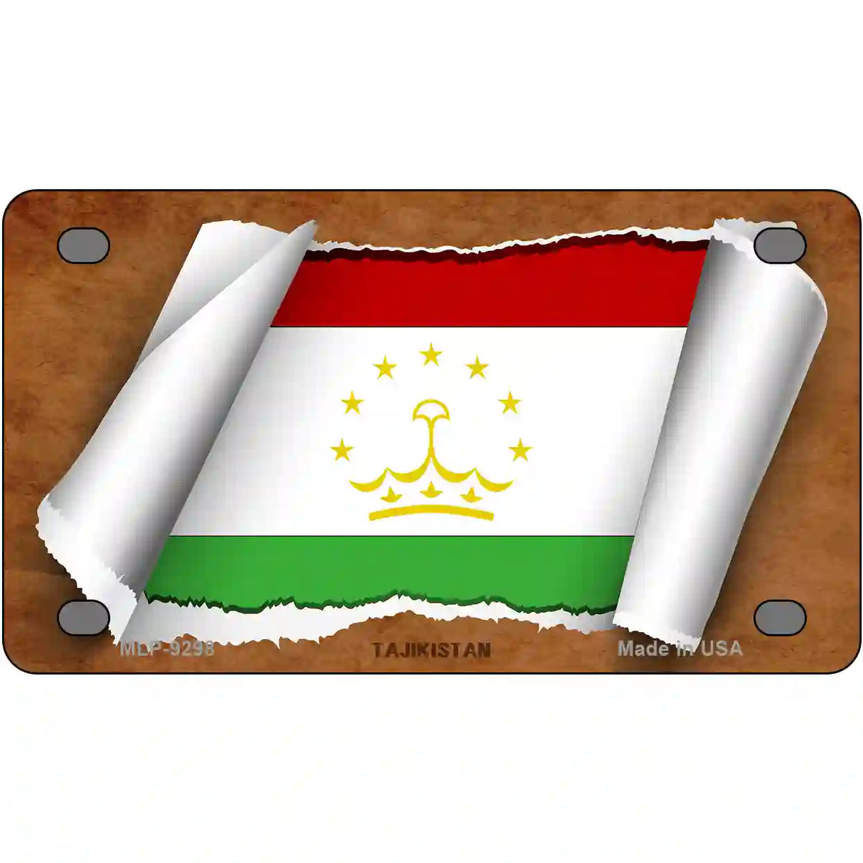 Tajikistan Flag Scroll Metal Novelty License Plate 4" x 2.2" (MLP)