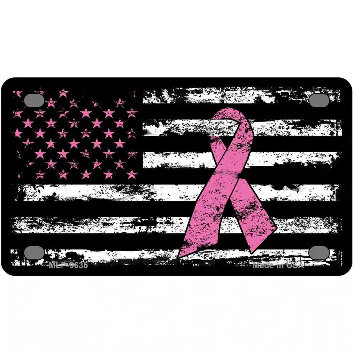 Vintage American Flag Pink Ribbon Novelty Metal License Plate 4" x 2.2" (MLP)