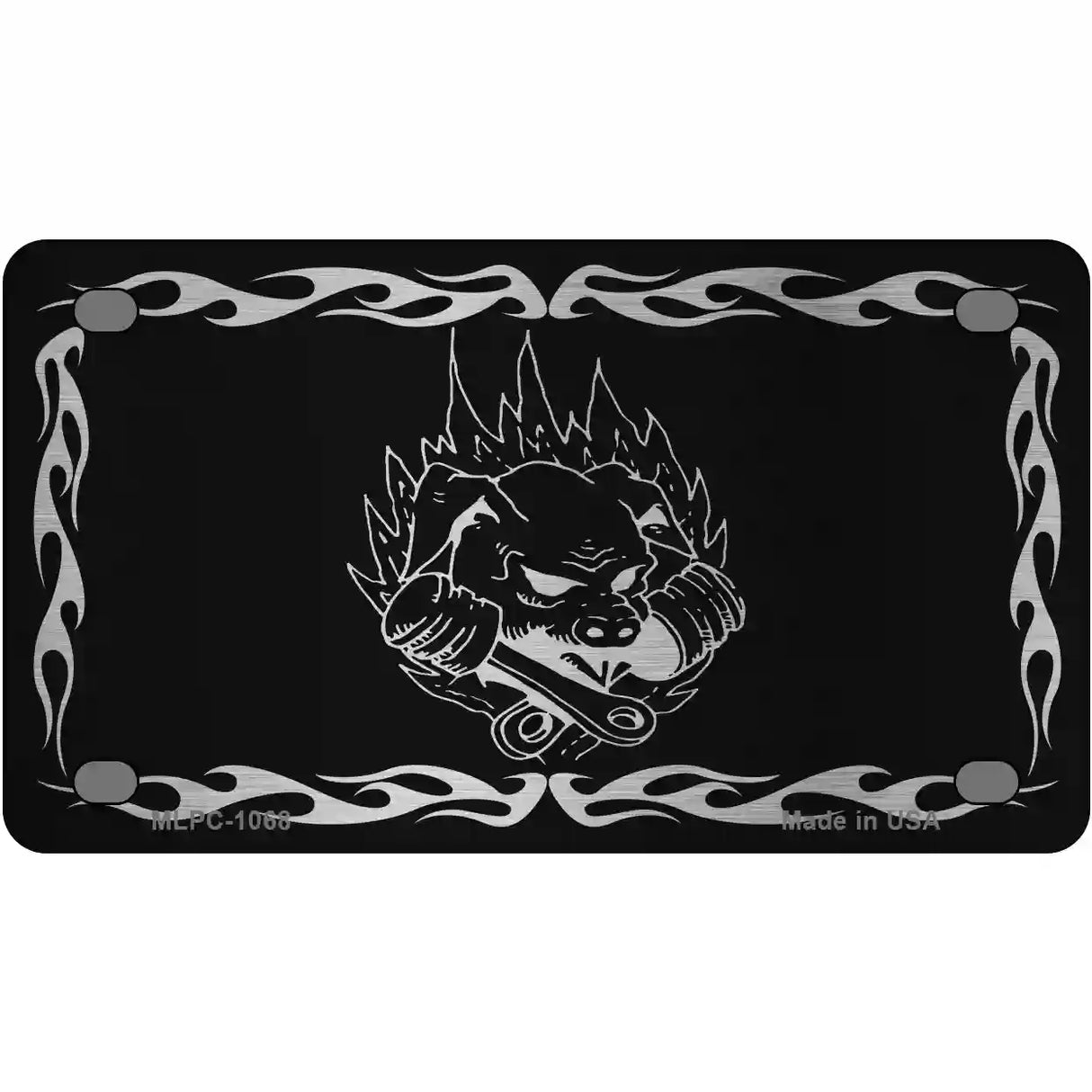 Pig In Flames Black Brushed Chrome Novelty Metal License Plate 4" x 2.2" (MLPC)