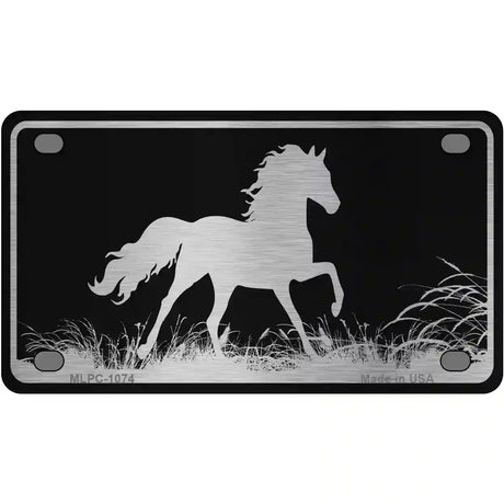 Horse Black Brushed Chrome Novelty Metal License Plate 4" x 2.2" (MLPC)