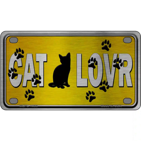 Cat Lover Yellow Brushed Chrome Novelty Metal License Plate Tag 4" x 2.2" (MLPC)