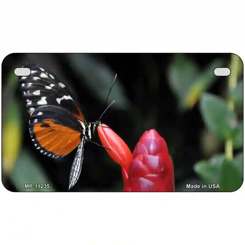 Butterfly On Red Flower Novelty Metal License Plate 7" x 4" (MP)