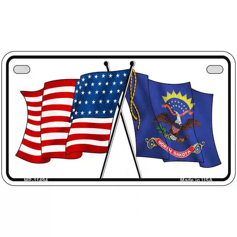 North Dakota Crossed US Flag License Plate 7" x 4" (MP)