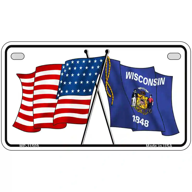 Wisconsin Crossed US Flag License Plate 7" x 4" (MP)