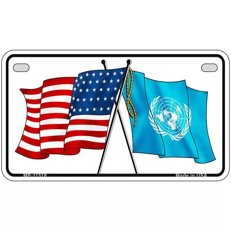 United Nation Crossed US Flag License Plate 7" x 4" (MP)