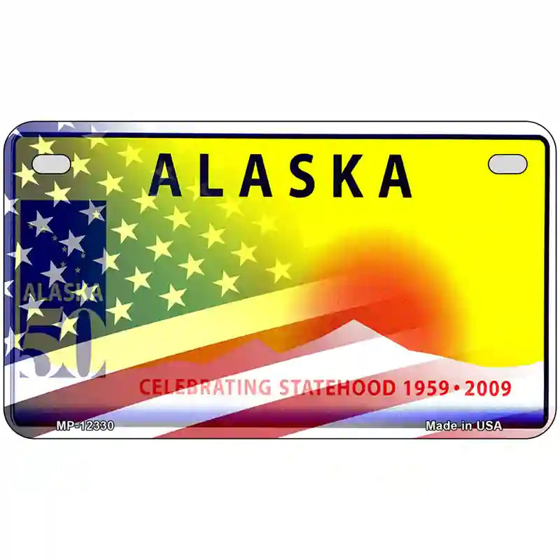 Alaska with American Flag Novelty Metal License Plate 7" x 4" (MP)