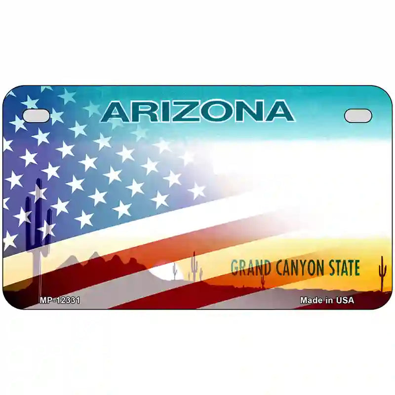 Arizona with American Flag Novelty Metal License Plate 7" x 4" (MP)