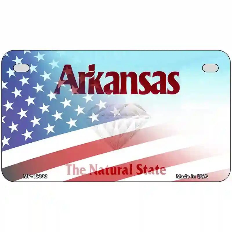 Arkansas with American Flag Novelty Metal License Plate 7" x 4" (MP)