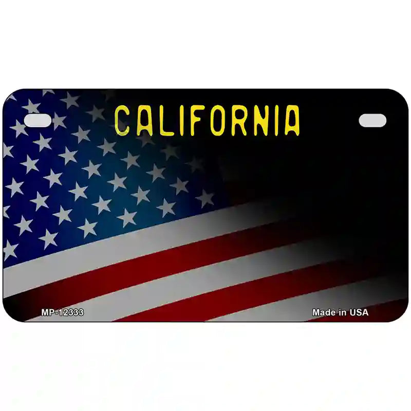 California with American Flag Novelty Metal License Plate 7" x 4" (MP)