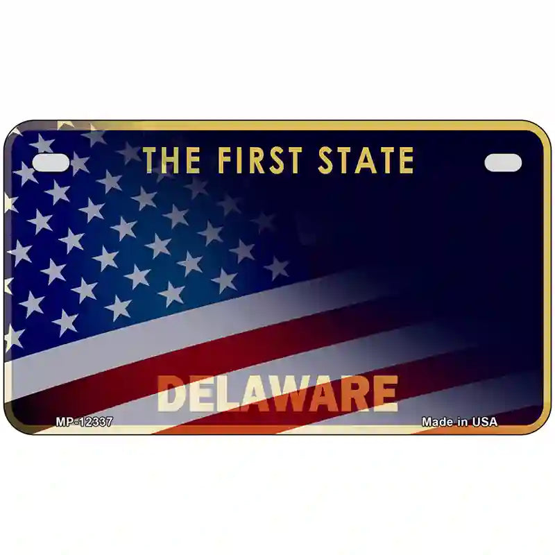 Delaware with American Flag Novelty Metal License Plate 7" x 4" (MP)