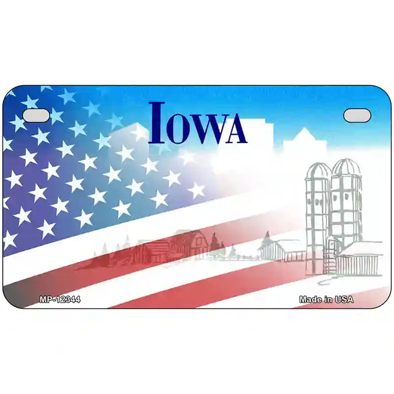 Iowa with American Flag Novelty Metal License Plate 7" x 4" (MP)