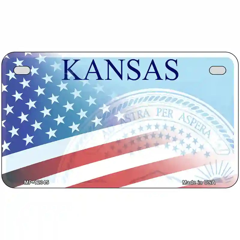 Kansas with American Flag Novelty Metal License Plate 7" x 4" (MP)