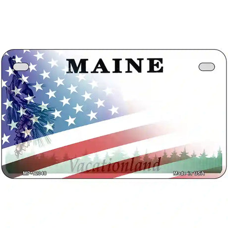 Maine with American Flag Novelty Metal License Plate 7" x 4" (MP)