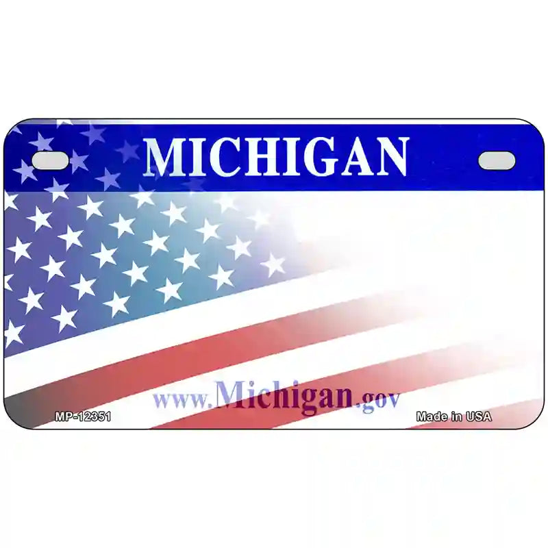 Michigan with American Flag Novelty Metal License Plate 7" x 4" (MP)