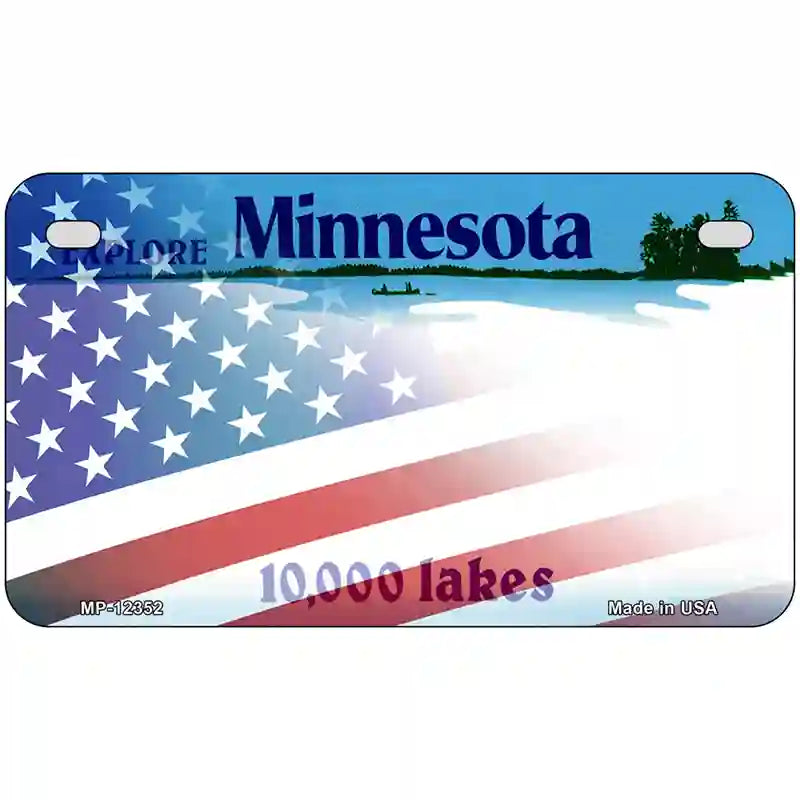 Minnesota with American Flag Novelty Metal License Plate 7" x 4" (MP)