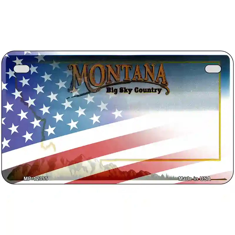 Montana with American Flag Novelty Metal License Plate 7" x 4" (MP)