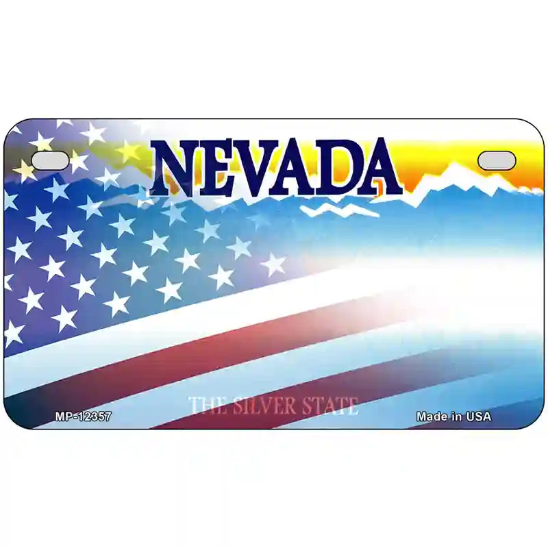 Nevada with American Flag Novelty Metal License Plate 7" x 4" (MP)