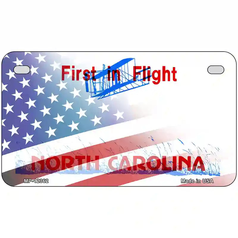 North Carolina with American Flag Novelty Metal License Plate 7" x 4" (MP)