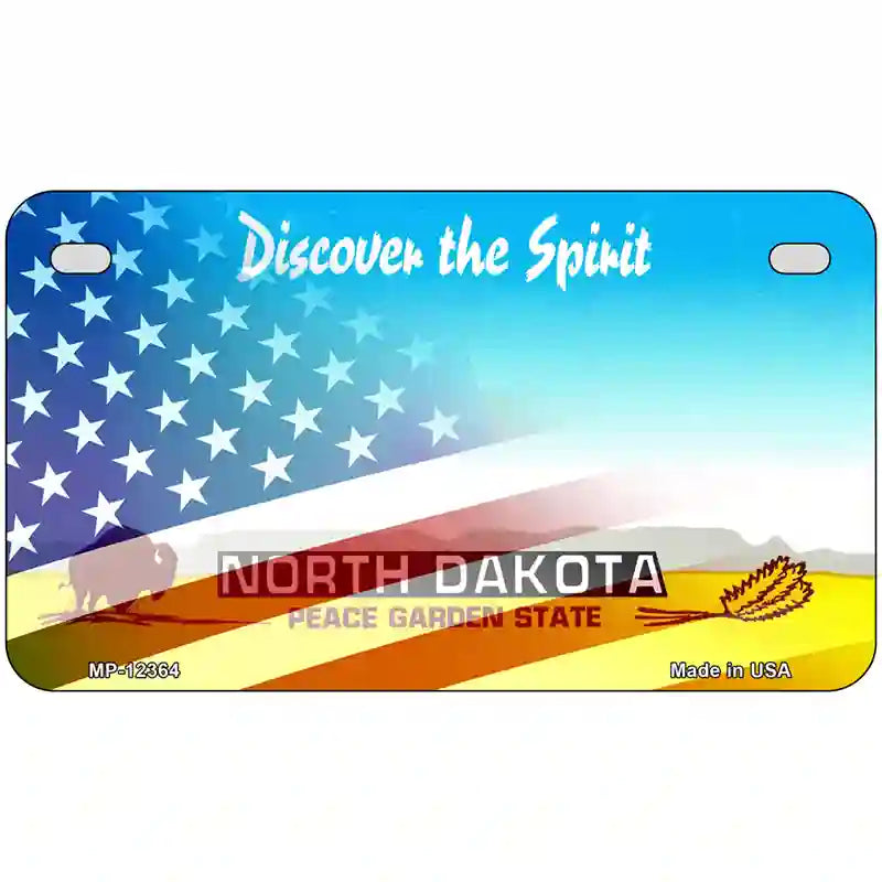 North Dakota with American Flag Novelty Metal License Plate 7" x 4" (MP)